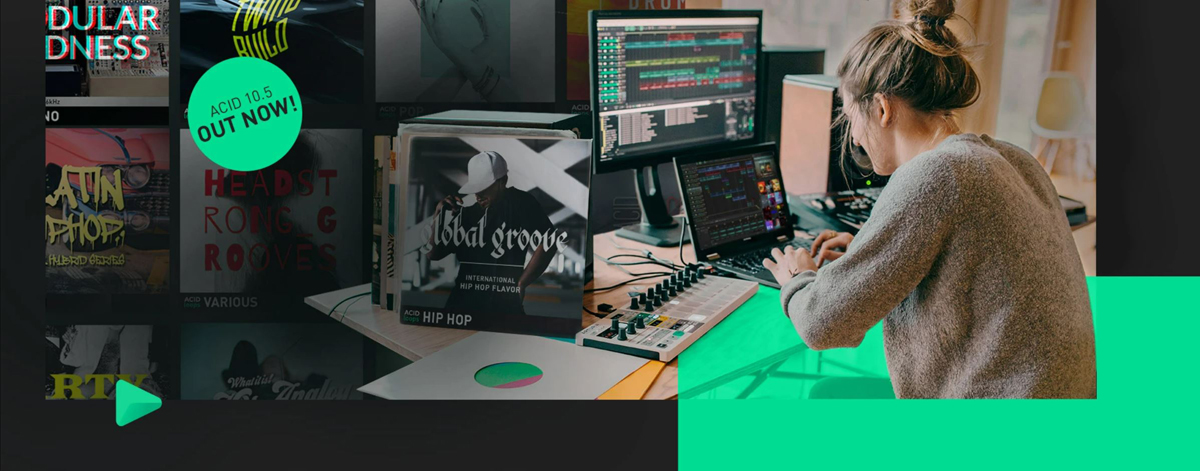 A professional is using ACID PRO 10 on a computer to process audio.